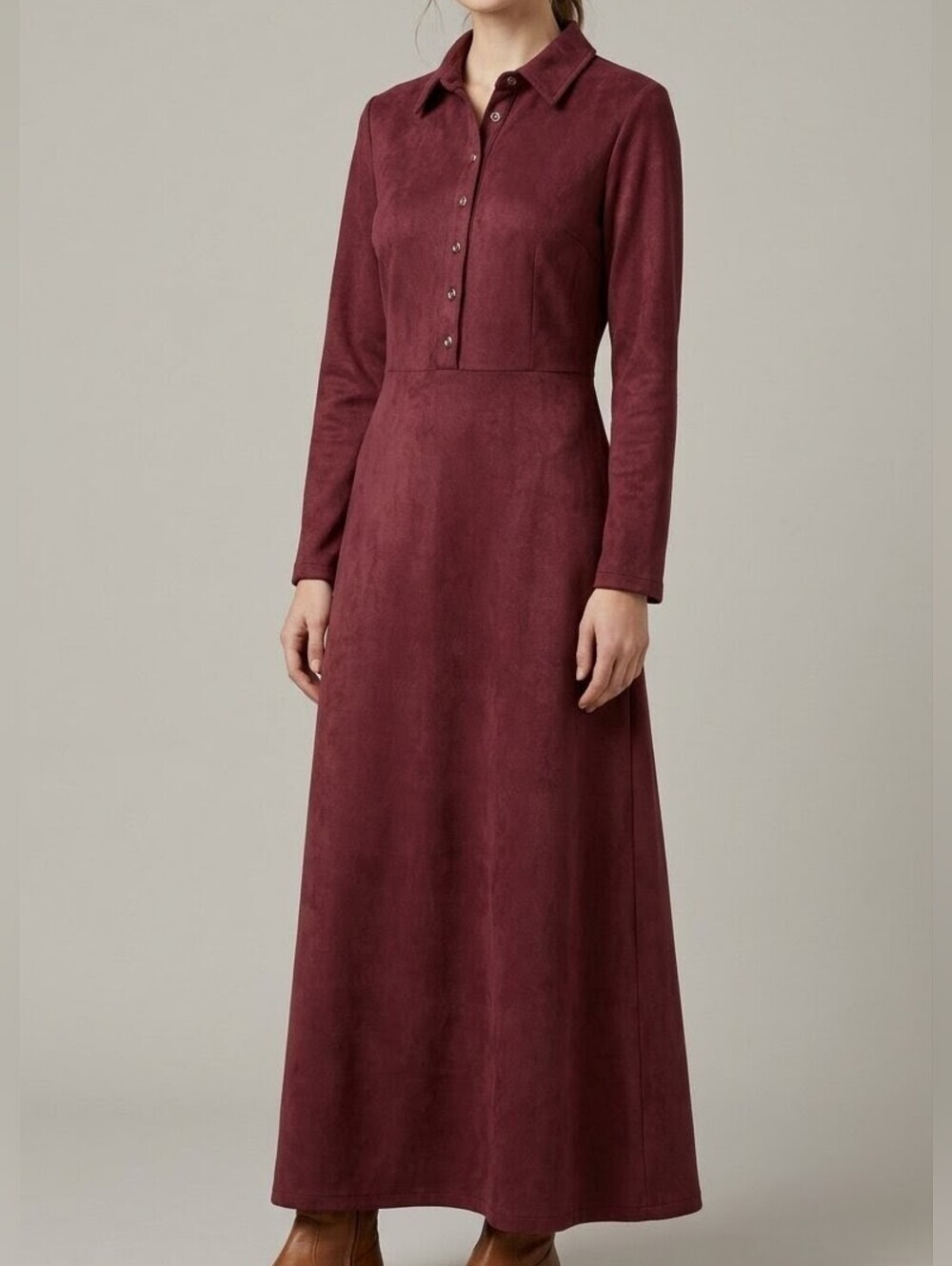 Maroon Burgundy Faux Suede Maxi Dress Long Sleeve Button Front Collared - Small